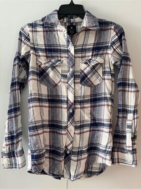 White Navy Red Plaid Button-Up Shirt